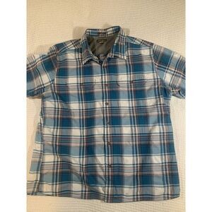 Eddie Bauer Shirt Mens 2XL Fishing Aqua Plaid Nylon Blend Button Up Flap Pockets